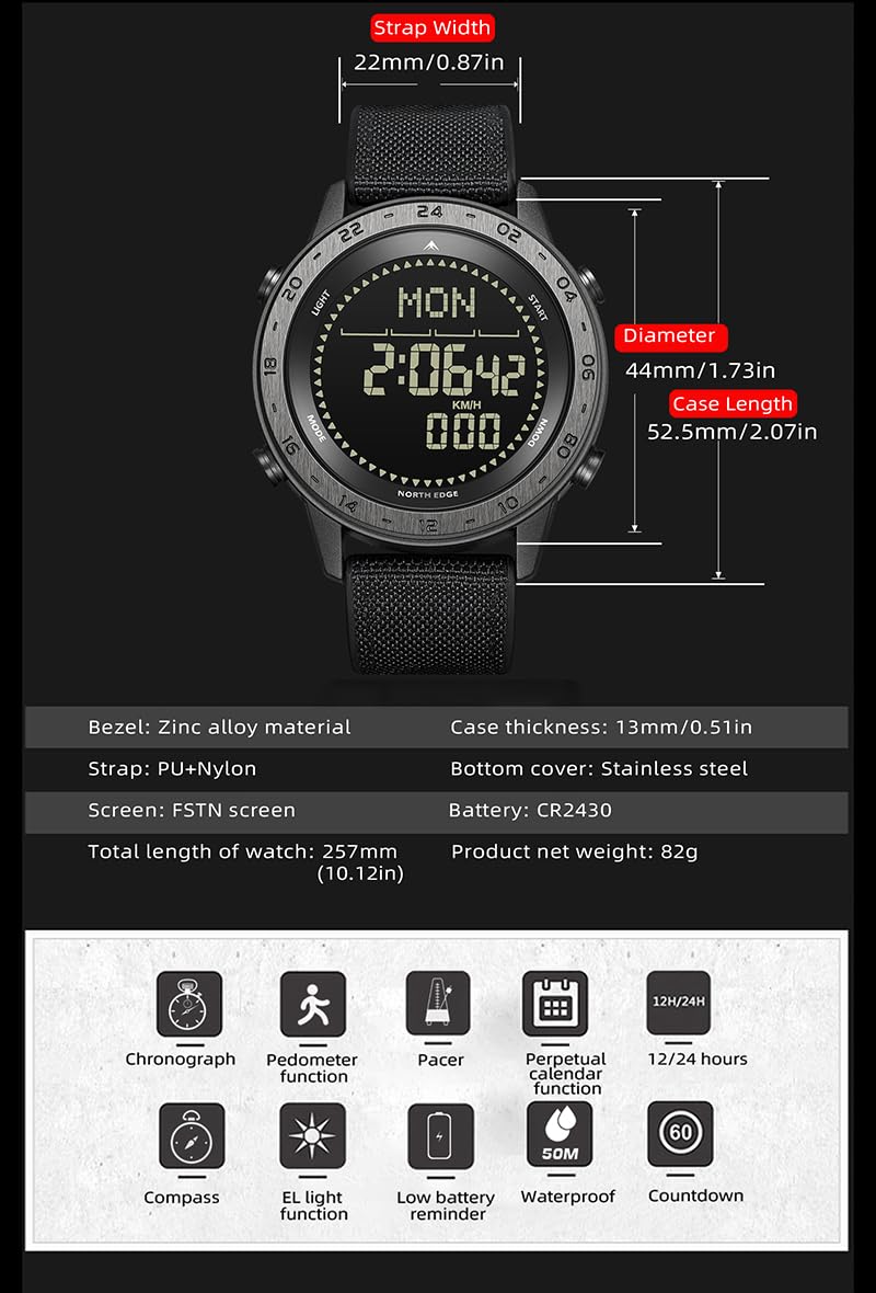 CakCity Digital Military Tactical Watch for Men - A versatile outdoor sports watch featuring a zinc alloy case and nylon strap, complete with a compass, barometer, stopwatch, metronome, and three alarms.